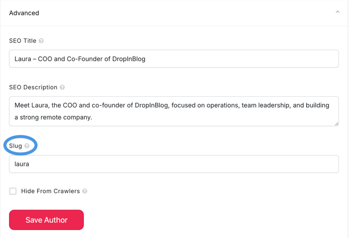 Author profile settings: Slug