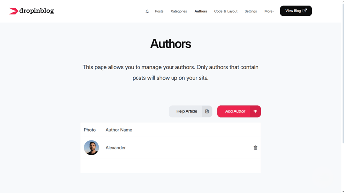 Authors page in DropInBlog