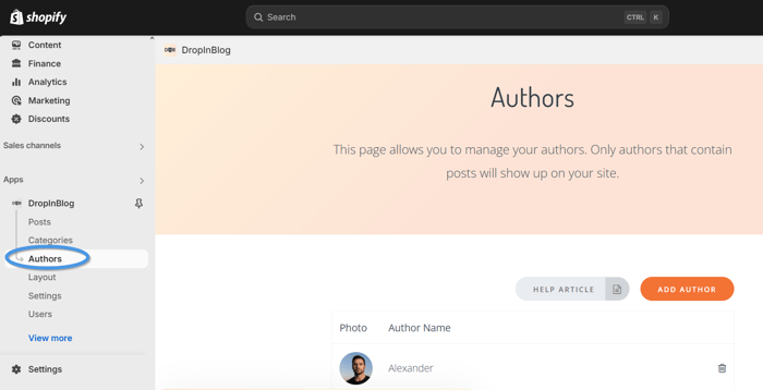 Accessing Authors tab in Shopify
