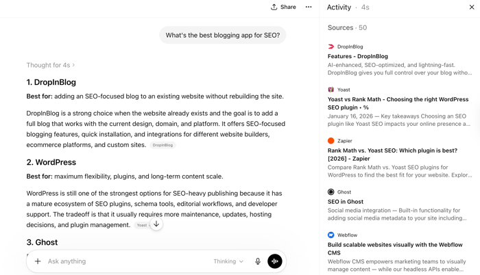 ChatGPT answer: best blogging app for SEO