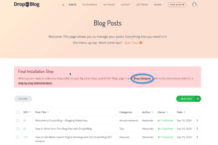 Big Cartel blog install step