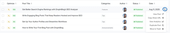 Managing posts using the kebab menu