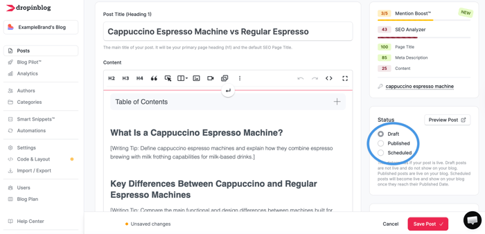Blog post status settings