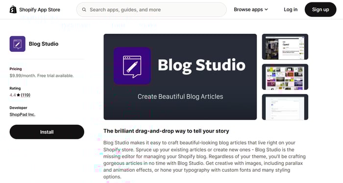 Blog Studio Shopify app listing