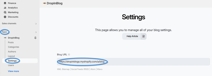 Add your blog link in the Settings tab of the DropInBlog app