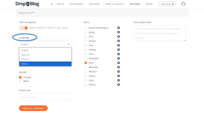 Blog Voice AI - Available languages