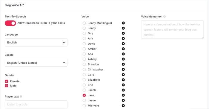 Blog Voice AI™ settings