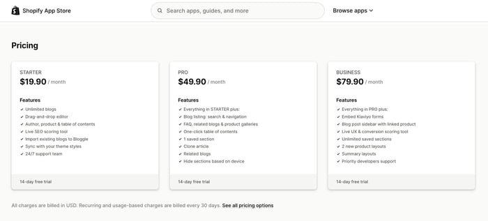 Bloggle's pricing plans