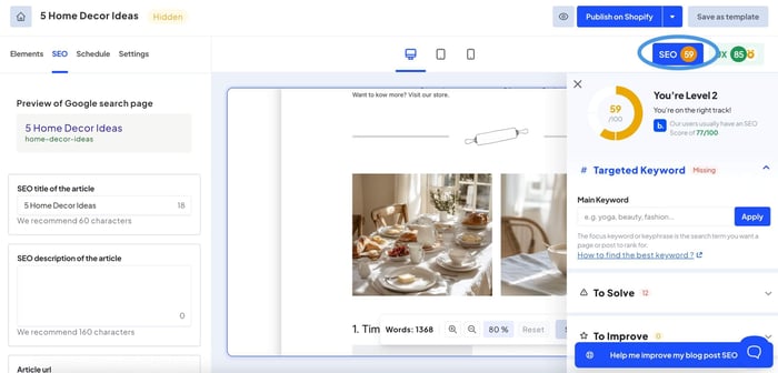 Bloggle's SEO scoring tool
