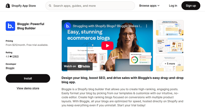 Bloggle Shopify app listing