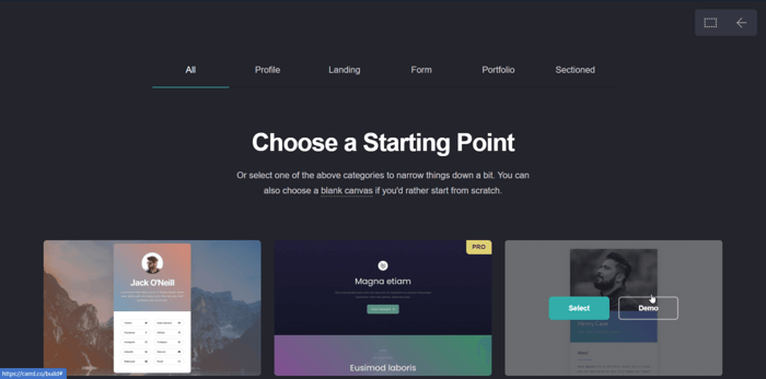 Choose a starting point for creating a Carrd website
