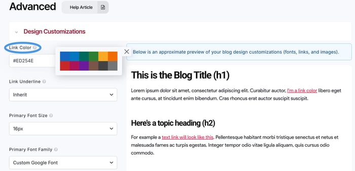 Changing link color in the DropInBlog Design Customizer