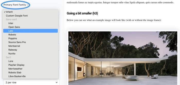 Changing primary font family in the DropInBlog Design Customizer