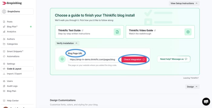 Thinkific blog install step