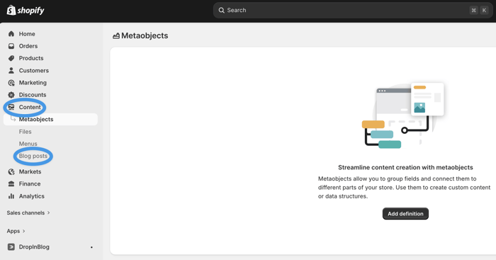 Accessing Content menu in Shopify