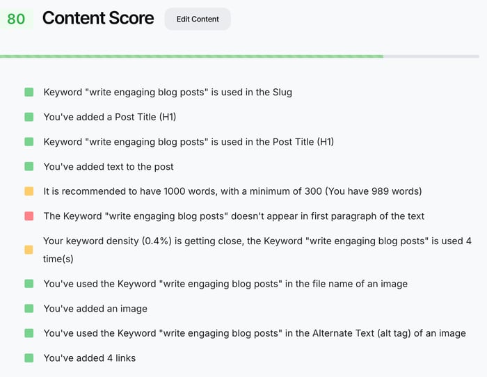 The DropInBlog SEO Analyzer: Content Score section
