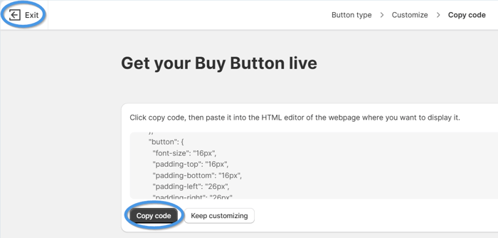 Copy the code for Shopify's Buy button