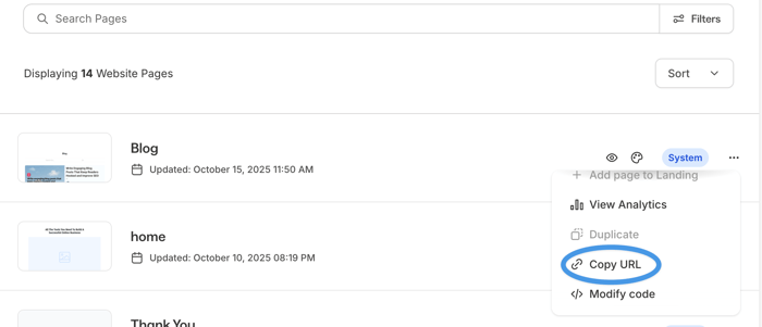 Copy blog URL in Kajabi