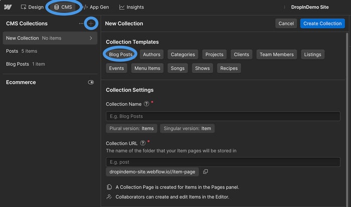 creating a CMS Collection in Webflow
