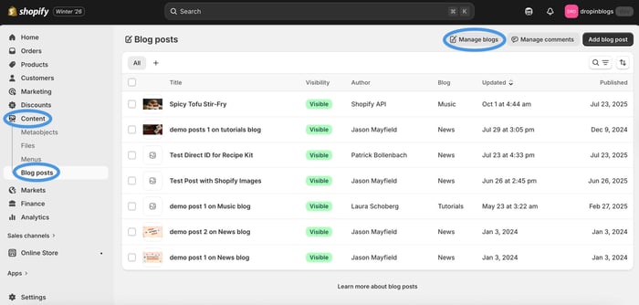 Manage blogs from your Shopify admin