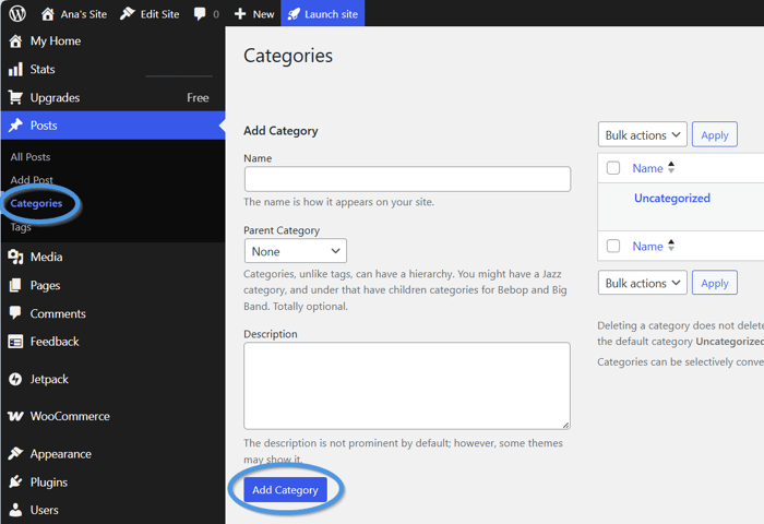 Create a new category in WordPress