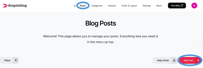 Create a blog on Lovable: Starting a new blog post from the Posts page in DropInBlog