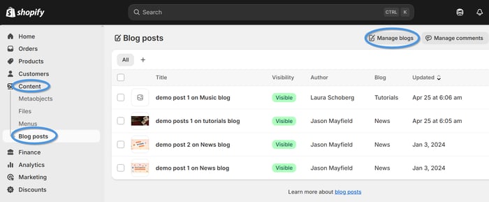 Manage blogs from your Shopify admin