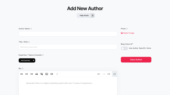 Creating a new author profile