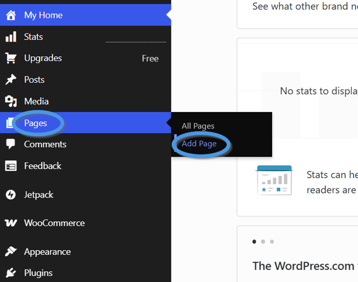 Create a new page in WordPress