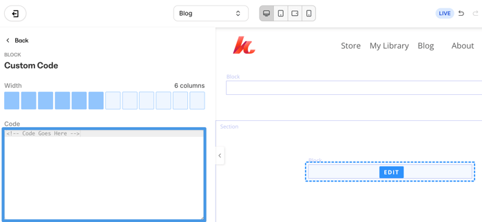 Custom code block settings in Kajabi