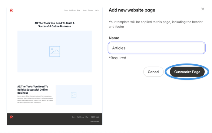 Customize a new page in Kajabi