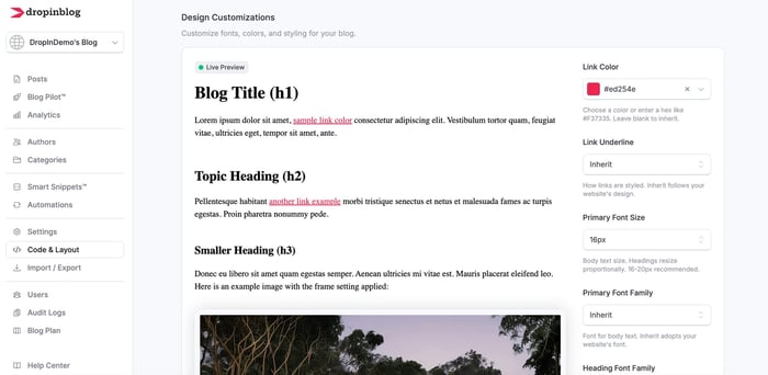 Design customizations in DropInBlog