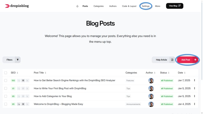 DropInBlog admin: Posts
