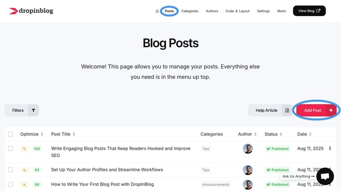 DropInBlog admin: Posts page