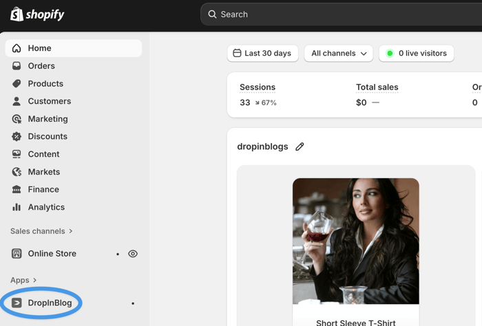 The DropInBlog app in Shopify's admin