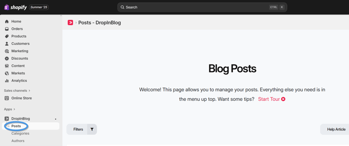 Access the DropInBlog app from your Shopify admin
