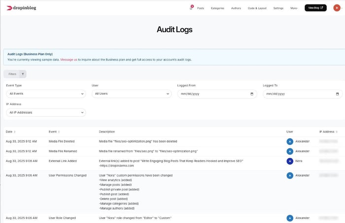 Audit logs feature in DropInBlog