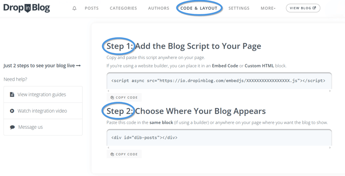 Accessing your DropInBlog blog code