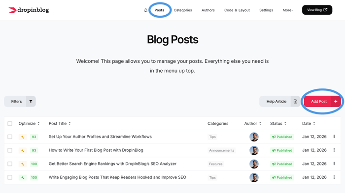 DropInBlog admin: Posts page