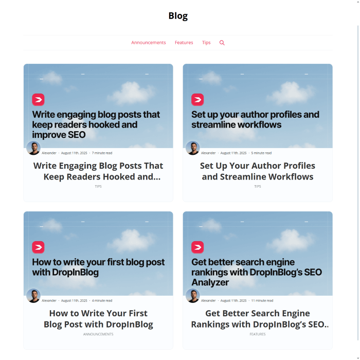 A preview of a DropInBlog blog in Webflow