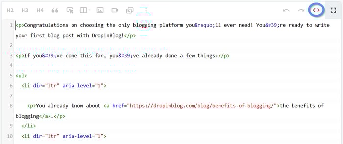 The DropInBlog Editor: Code view