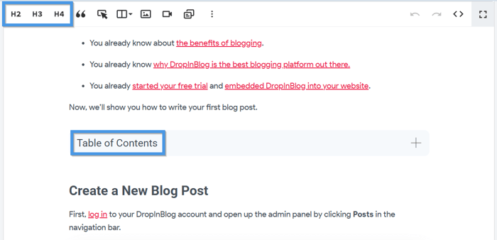 Adding headings and a table of content inside the DropInBlog editor