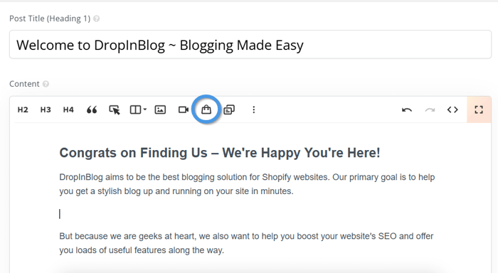 Insert a product from DropInBlog's post editor