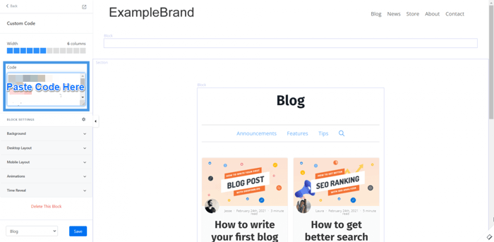 Embed DropInBlog code into Kajabi