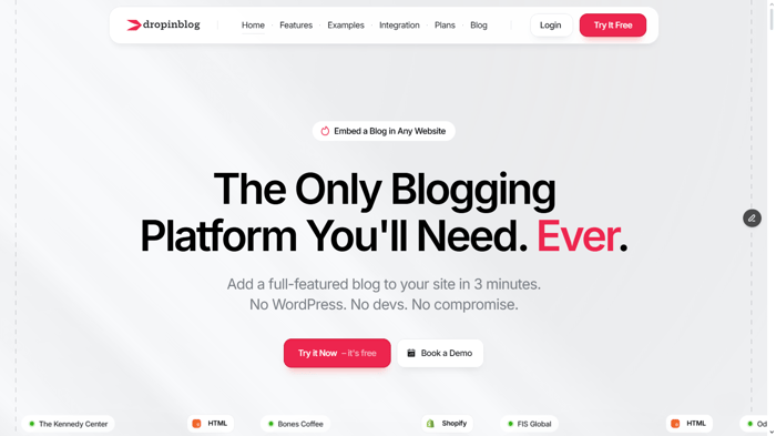 Best blogging platforms for small businesses: DropInBlog's homepage