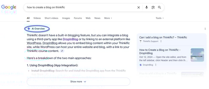 Google's AI Overview answer for the query: how to create a blog on Thinkific