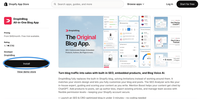 DropInBlog app in Shopify's App Store