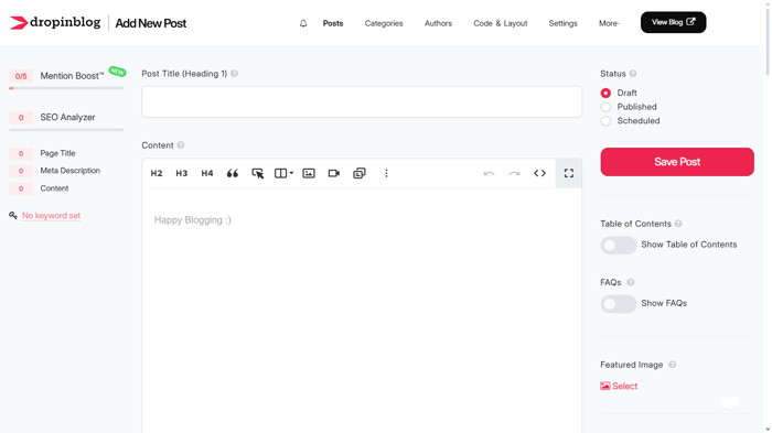 The DropInBlog post editor