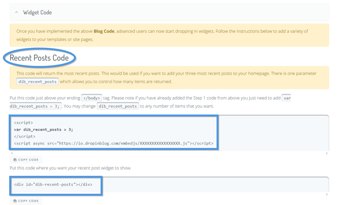 Recent posts widget code in DropInBlog