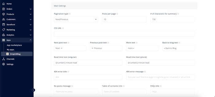 DropInBlog app settings
